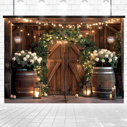 A Rustic Western Barn Door Floral Backdrop - ideasbackdrop adorned with greenery, string lights, lanterns, and barrels filled with lifelike flowers offers a charming entrance.