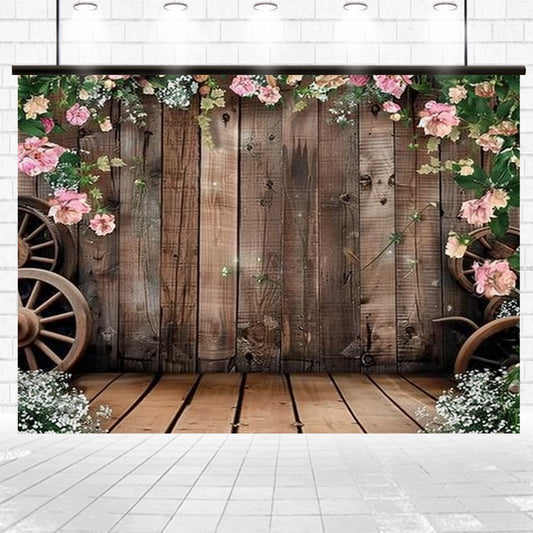 A Rustic Wood Barn Wall Leaves Flower Backdrop -ideasbackdrop, adorned with HD vivid flowers and wagon wheels, set against a white brick wall and tiled floor.