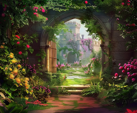 A Rustic Wood Gate Arched Door Floral Backdrop-ideasbackdrop from ideasbackdrop covered in blooming flowers leads to a path surrounded by lush greenery and colorful blossoms, extending toward a distant, sunlit stone building, creating a vivid floral backdrop that enhances the stunning visuals of this picturesque scene.