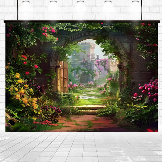 A garden path lined with a vivid **Rustic Wood Gate Arched Door Floral Backdrop-ideasbackdrop** and lush greenery leads through a stone archway towards a sunlit castle in the distance, offering stunning visuals.