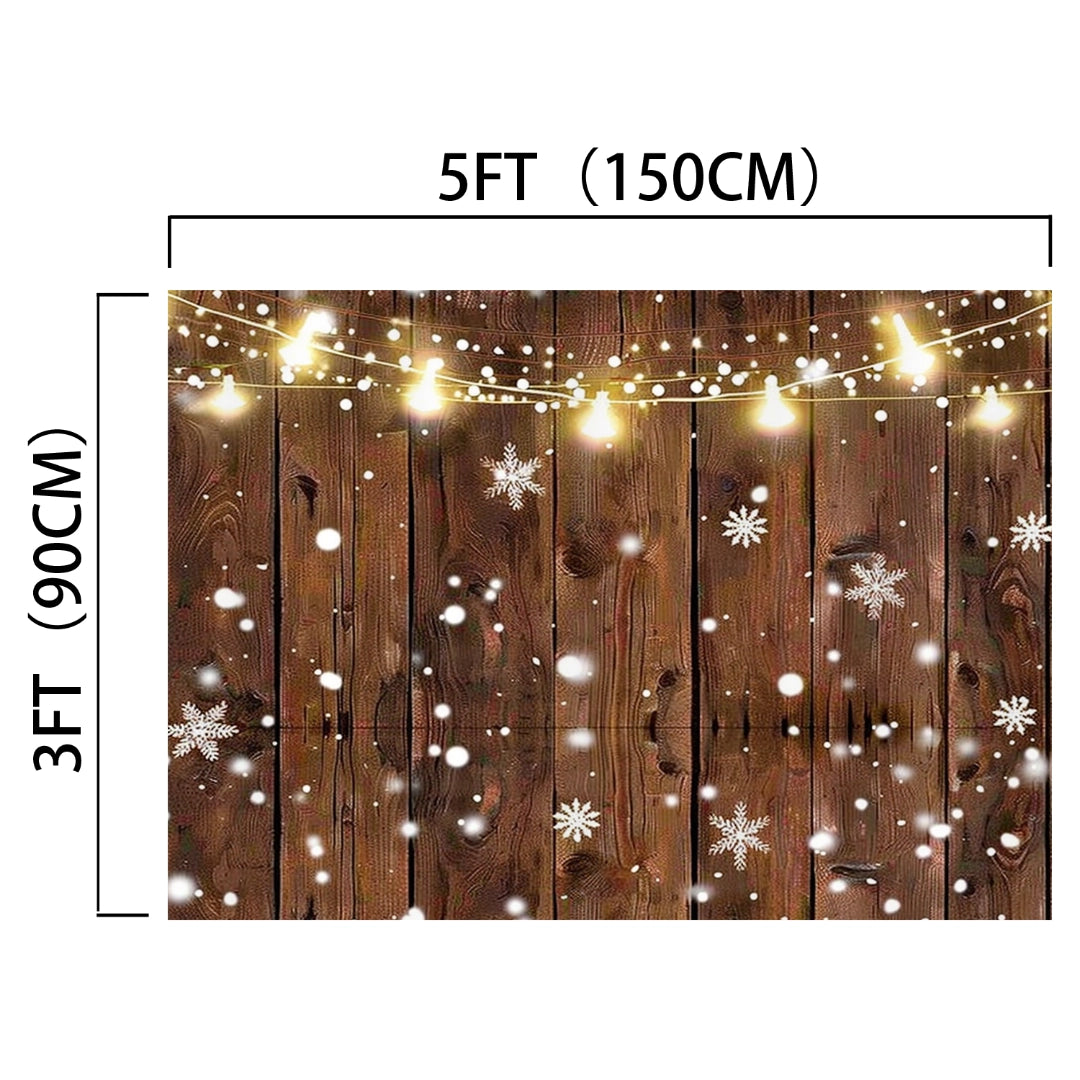 Rustic Glitter Background Wood Backdrop-ideasbackdrop with string lights, snowflakes, and falling snow. Perfect for nostalgic shots, this backdrop measures 5 feet (150 cm) wide and 3 feet (90 cm) tall.