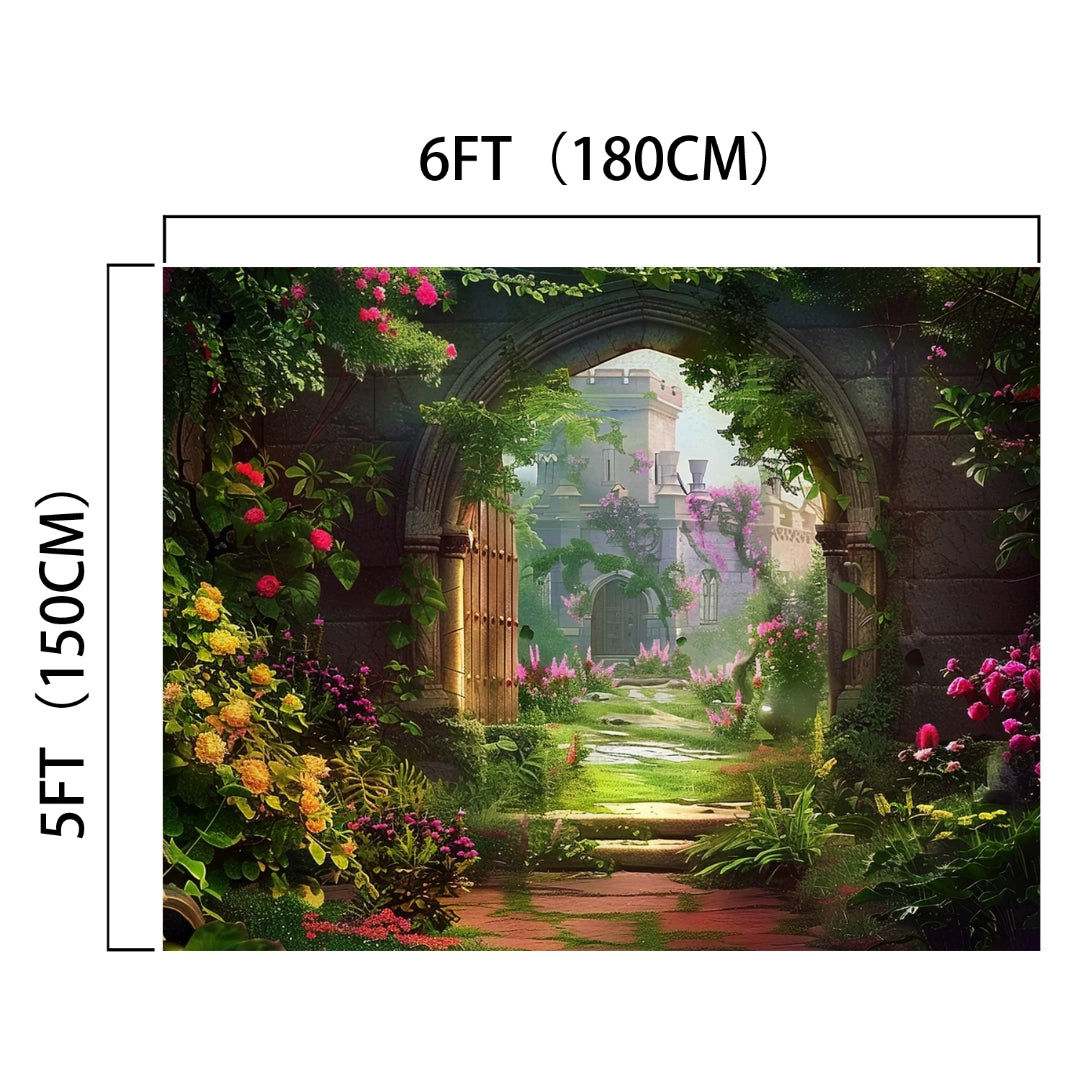 Rustic Wood Gate Arched Door Floral Backdrop-ideasbackdrop by ideasbackdrop measuring 6 feet (180 cm) by 5 feet (150 cm) depicting a lush garden scene with an archway, vibrant flowers, and greenery in HD quality.