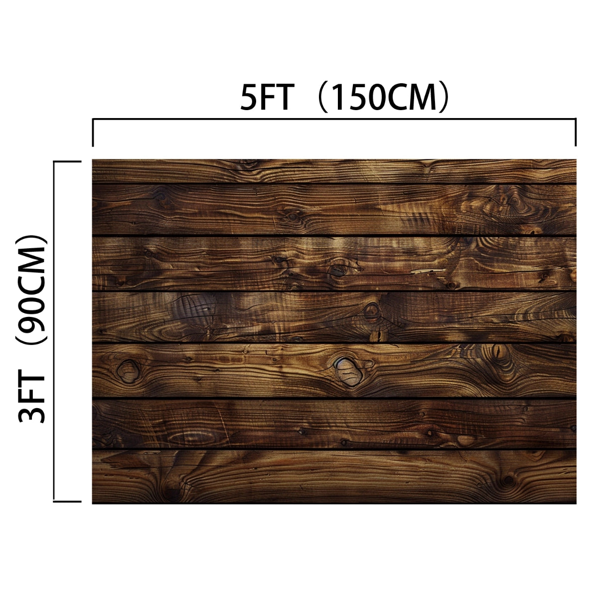 A rectangular wooden panel with horizontal planks, measuring 5 feet (150 cm) by 3 feet (90 cm), perfect as a Rustic Wood Wall Backdrop Natural Brown Wooden Board Photography Background Baby Shower Birthday Party Cake Table Decor. Dimensions are labeled around the edge of the image. The product is from ideasbackdrop.
