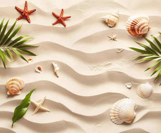 Various seashells, starfish, and green leaves are arranged on smooth rippled sand, creating an enchanting beach scenery perfect for Sand Beach Backdrop Starfish Background -ideasbackdrop photography styles by ideasbackdrop.