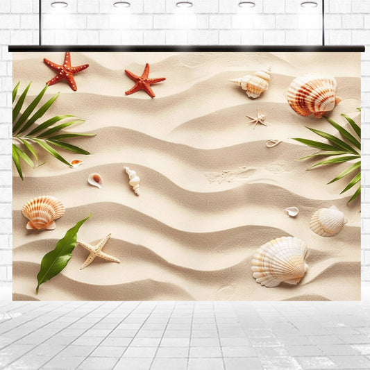 A backdrop featuring a sandy surface with wave patterns, decorated with seashells, starfish, and green leaves against a white brick wall and tiled floor. This Sand Beach Backdrop Starfish Background -ideasbackdrop by ideasbackdrop adds coastal charm to any photography and is both durable and eye-catching.