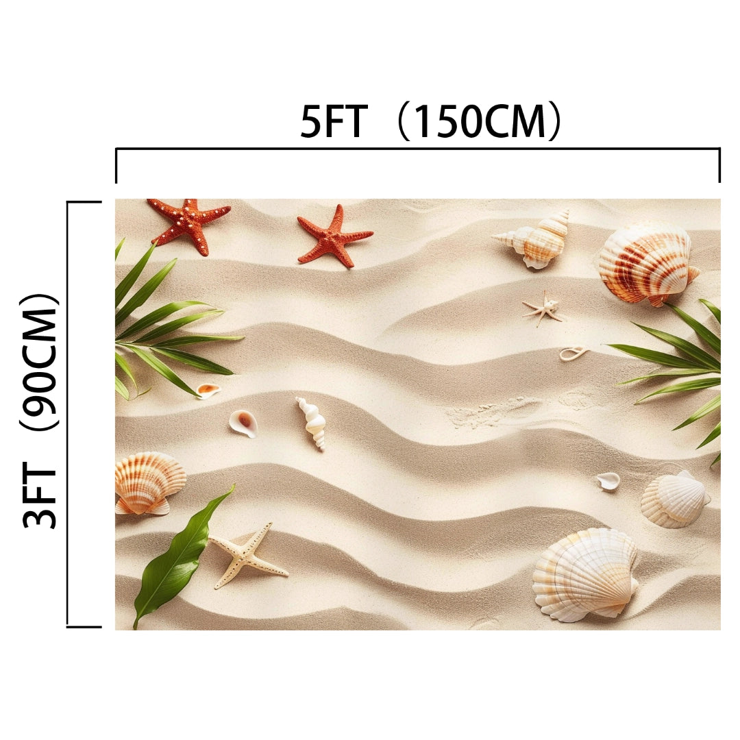 Decorative Sand Beach Backdrop Starfish Background -ideasbackdrop with seashells and starfish on sand, measuring 5 feet (150 cm) in width and 3 feet (90 cm) in height. Green leaves are artfully placed at the corners, adding coastal charm, making it perfect as a photography backdrop by ideasbackdrop.