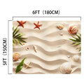 Beige beach-themed background with sea shells, starfish, and green leaves arranged diagonally. This Sand Beach Backdrop Starfish Background -ideasbackdrop captures coastal charm perfectly. Image dimensions labeled as 6 feet (180 cm) by 5 feet (150 cm), ideal for a photography backdrop.