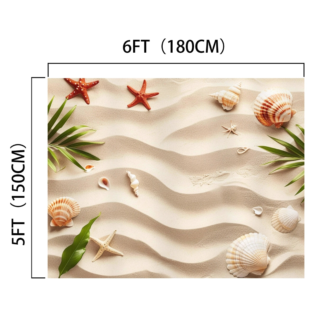 Beige beach-themed background with sea shells, starfish, and green leaves arranged diagonally. This Sand Beach Backdrop Starfish Background -ideasbackdrop captures coastal charm perfectly. Image dimensions labeled as 6 feet (180 cm) by 5 feet (150 cm), ideal for a photography backdrop.
