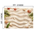 A Sand Beach Backdrop Starfish Background measuring 7 feet (210 cm) by 5 feet (150 cm) captures coastal charm, adorned with seashells, starfish, and tropical leaves—ideal for an ideasbackdrop.