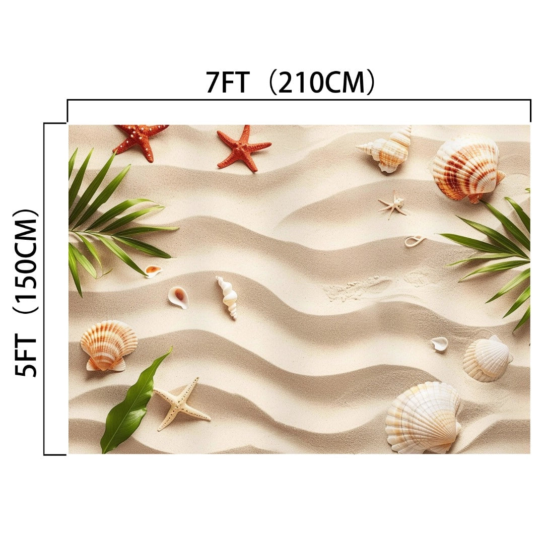 A Sand Beach Backdrop Starfish Background measuring 7 feet (210 cm) by 5 feet (150 cm) captures coastal charm, adorned with seashells, starfish, and tropical leaves—ideal for an ideasbackdrop.