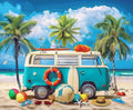 A blue and white van is parked on a tropical beach, surrounded by palm trees. Various beach items including a surfboard, beach ball, and hats are arranged around it. The sky is partly cloudy, creating an HD vivid Seaside Beach Party Backdrop Caravan Travel -ideasbackdrop perfect for photography with a professional finish by ideasbackdrop.