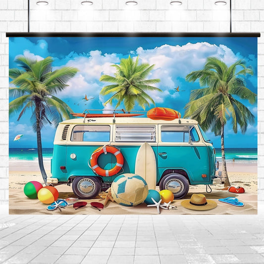 A blue and white vintage van is parked on a sandy beach with palm trees in the background, creating an Seaside Beach Party Backdrop Caravan Travel -ideasbackdrop. Beach items like balls, flip-flops, a surfboard, and a lifebuoy are scattered around the van with stunning realism and a professional finish.