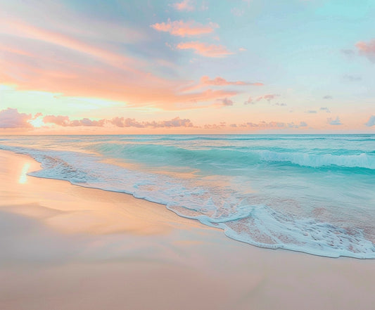 A serene beach scene at sunset with soft pastel skies, gentle waves, and a sandy shore perfect for creating an idyllic Seaside Beach Sunrise Sea Wave Backdrop -ideasbackdrop by ideasbackdrop.