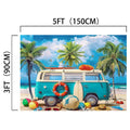 A 5ft by 3ft poster features a teal van with a surfboard, lifebuoy, and beach balls on a sandy beach with palm trees and a blue sky in the background. This Seaside Beach Party Backdrop Caravan Travel -ideasbackdrop by ideasbackdrop is perfect for beach photography, capturing every detail of your favorite summer scenes.
