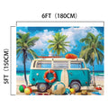 A teal van is parked on a tropical beach with surfboards and beach balls around it. Palm trees and a partly cloudy sky are in the background, creating an ideal setting for beach photography. This Seaside Beach Party Backdrop Caravan Travel -ideasbackdrop by ideasbackdrop measures 6 feet by 5 feet (180 cm by 150 cm).
