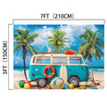 A turquoise van is parked on a sandy beach with palm trees, surfboards, lifebuoys, and various beach balls scattered around. This Seaside Beach Party Backdrop Caravan Travel -ideasbackdrop by ideasbackdrop measures 7 feet wide and 5 feet tall, perfect for beach photography.