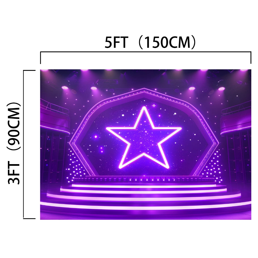 Purple-lit stage design featuring a large neon star, measuring 5 feet (150 cm) wide and 3 feet (90 cm) tall, serves as the perfect photography prop for dynamic shots. The wrinkle-resistant ideasbackdrop Show Stage Backdrop 7x5FT Talk Show Star Music Party Background for Portrait Video Photoshoot studio ensures a flawless appearance every time.
