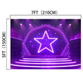 A stage backdrop featuring a large, illuminated star and steps, framed by purple lights. Dimensions are 7FT (210CM) wide and 5FT (150CM) high. Ideal for photography props with exceptional wrinkle resistance. This is the ideasbackdrop Show Stage Backdrop 7x5FT Talk Show Star Music Party Background for Portrait Video Photoshoot studio.