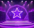 A stage with a glowing purple star backdrop, illuminated by bright purple lights, featuring wrinkle-resistant tiered steps leading up to the main platform. The high-resolution printing adds an extra layer of vibrancy to the stunning ideasbackdrop Show Stage Backdrop 7x5FT Talk Show Star Music Party Background for Portrait Video Photoshoot studio.