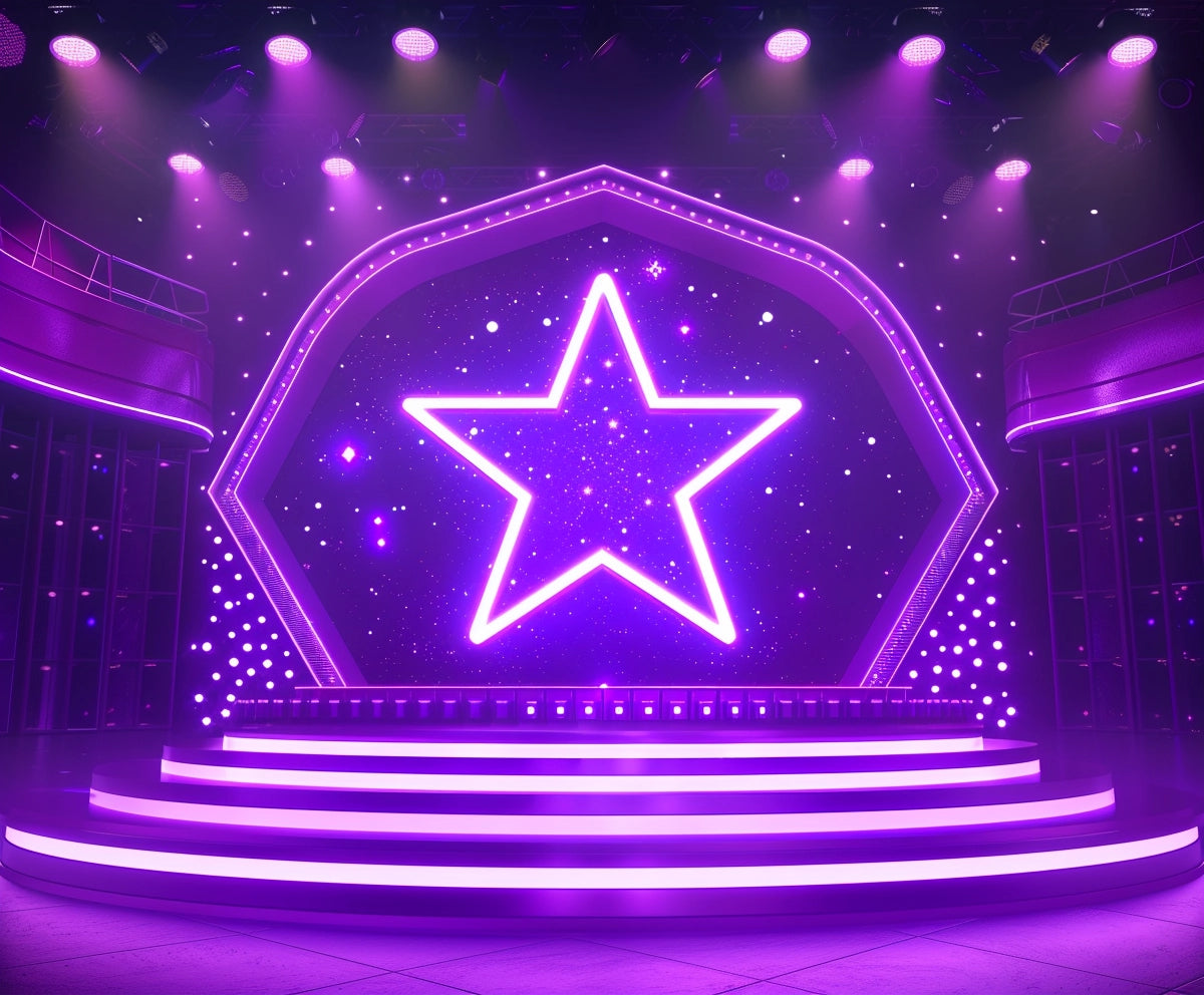 A stage with a glowing purple star backdrop, illuminated by bright purple lights, featuring wrinkle-resistant tiered steps leading up to the main platform. The high-resolution printing adds an extra layer of vibrancy to the stunning ideasbackdrop Show Stage Backdrop 7x5FT Talk Show Star Music Party Background for Portrait Video Photoshoot studio.