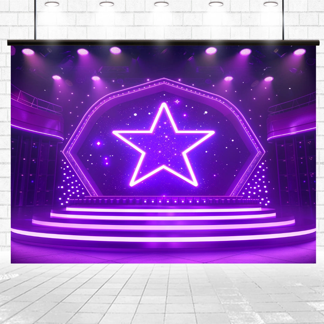 A brightly lit stage with a large glowing star backdrop, purple spotlights, and steps leading up to the stage area features the ideasbackdrop Show Stage Backdrop 7x5FT Talk Show Star Music Party Background for Portrait Video Photoshoot studio with high-resolution printing and wrinkle resistance for a flawless performance setting.
