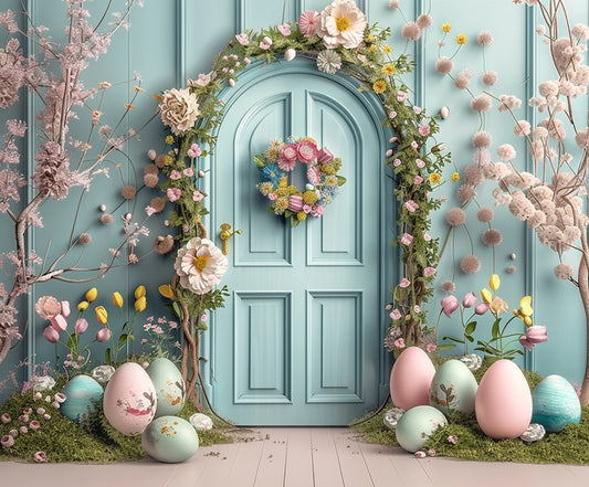 A pastel blue door is decorated with a floral wreath and surrounded by flowers and large, decorated Easter eggs in a colorful, festive arrangement. Perfect for home staging or parties decor, this Spring Easter Garden Bunny Eggs Door Backdrop-ideasbackdrop by ideasbackdrop creates an inviting and vibrant atmosphere.