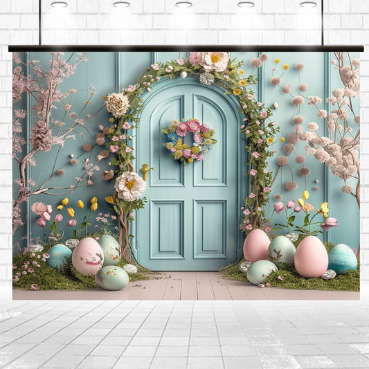 A pastel blue door adorned with a floral wreath and surrounded by blooming flowers and a Spring Easter Garden Bunny Eggs Door Backdrop-ideasbackdrop from ideasbackdrop feels like an enchanting fantasy decor.