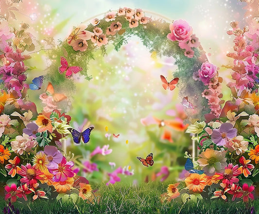 A vibrant, colorful garden with various flowers and butterflies, featuring an arched floral gateway in the center, set against a Spring Floral Arch Gathering Flower Backdrop by ideasbackdrop that enhances its beauty.
