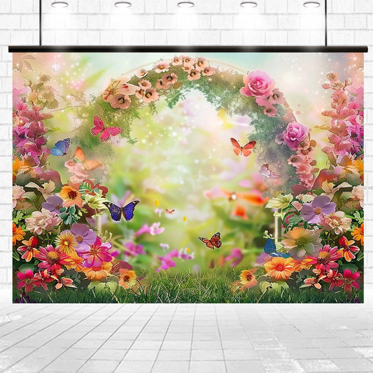 A colorful backdrop featuring an arch of various flowers and greenery, surrounded by butterflies and bright blooms, offers floral elegance for memorable photo shoots in a vibrant garden scene with the Spring Floral Arch Gathering Flower Backdrop from ideasbackdrop.