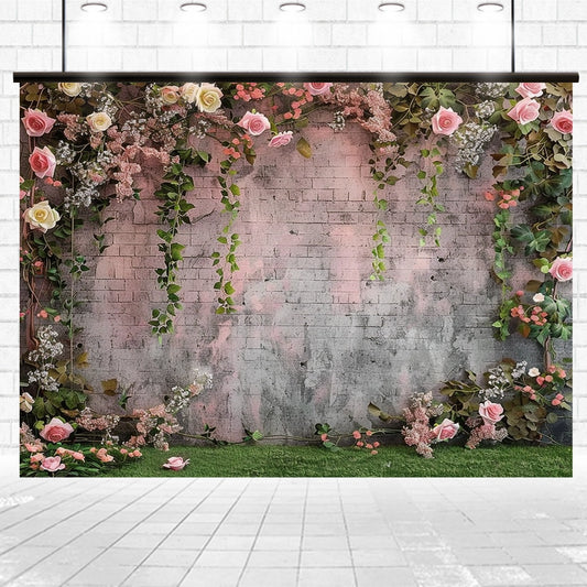 A Spring Flower Brick Wall Photography Backdrop -ideasbackdrop adorned with high-definition flowers, featuring vivid pink and white blooms intertwined with green vines against a concrete floor.