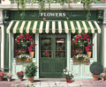 A flower shop with a green facade, striped awning, and "FLOWERS" sign. The entrance is flanked by potted plants and colorful flowers, all illuminated by the Spring Flower Market Bloom Window Backdrop-ideasbackdrop by ideasbackdrop that creates an inviting atmosphere.