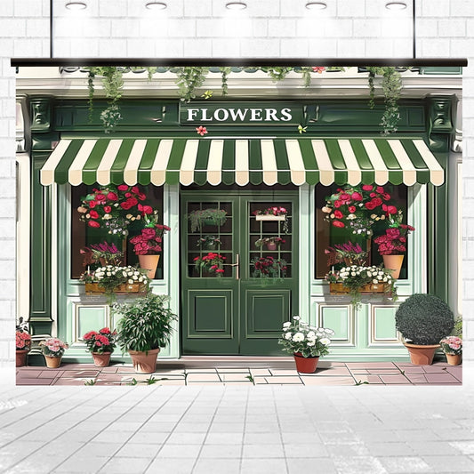A flower shop with a green and white striped awning, various potted plants, and flowers displayed outside and inside the window, all enhanced by beautiful natural light aesthetics to create a serene atmosphere. The Spring Flower Market Bloom Window Backdrop-ideasbackdrop from ideasbackdrop adds to the high-resolution imagery of the display.