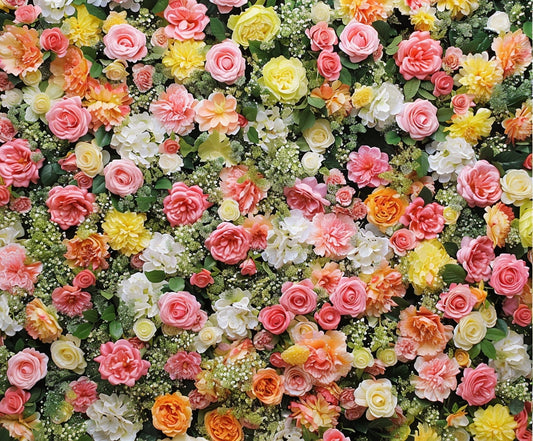A dense assortment of pink, yellow, white, and peach flowers with green leaves creates a vibrant floral backdrop perfect for whimsical weddings. For an ideal option, consider the "Spring Photography Valentine Flower Backdrop" by ideasbackdrop.