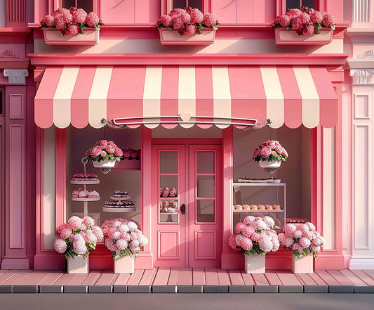 A pink storefront with a striped awning displays cakes and flowers, including hydrangeas and roses, in the window and on shelves outside, creating an ideasbackdrop Spring Flower Shop Photography Window Backdrop-ideasbackdrop that captures every detail with realistic backgrounds.