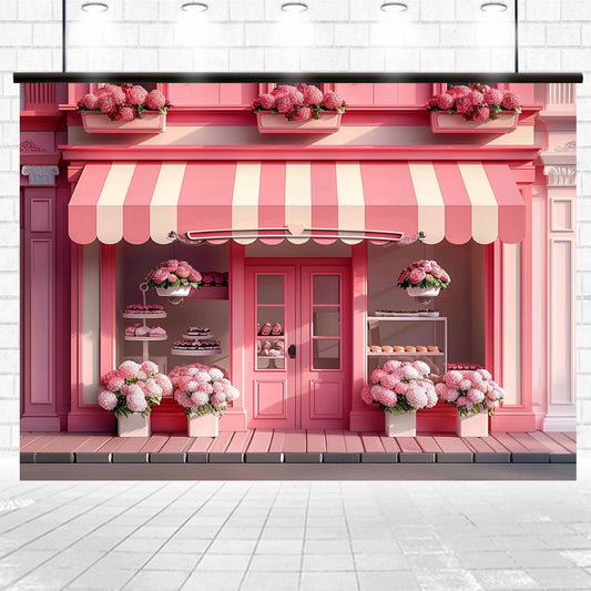A brightly colored pink bakery storefront with a striped awning, flower boxes, and various baked goods on display, perfect for capturing the charm in vivid detail with a Spring Flower Shop Photography Window Backdrop-ideasbackdrop from ideasbackdrop, making it a photography essential.