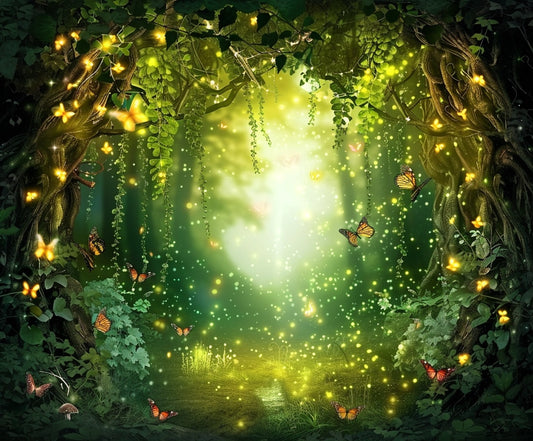 Magical forest scene with glowing butterflies and fireflies illuminating a bright, ethereal light at the center, framed by lush green foliage and vines. The Spring Forest Flower Photography Backdrop-ideasbackdrop enhances the lifelike floral detail, creating an enchanting, high-definition quality visual experience.
