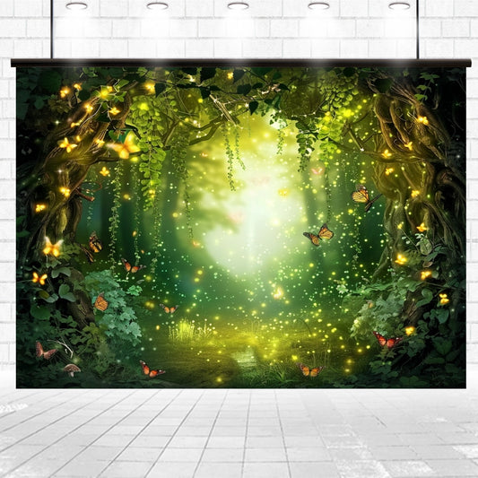 A glowing forest scene with butterflies, fireflies, and hanging vines against a backdrop of dense green foliage, enriched by vibrant hues and lifelike floral detail is captured beautifully in the Spring Forest Flower Photography Backdrop by ideasbackdrop.