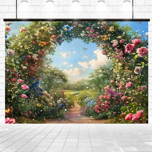 A wall mural shows a scenic garden pathway adorned with blooming roses and flowers under a blue sky with clouds, rendered in high-definition quality. The lifelike flowers create a Spring Forest Landscape Floral Arch Backdrop -ideasbackdrop that brings the space to life.