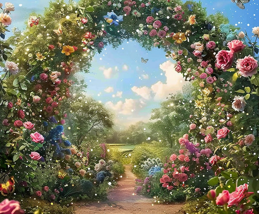 A vibrant garden features an arched pathway adorned with blooming roses and lifelike flowers under a blue sky with scattered clouds. Butterflies and sparkles accentuate the scene, creating a Spring Forest Landscape Floral Arch Backdrop in stunning high-definition quality.
