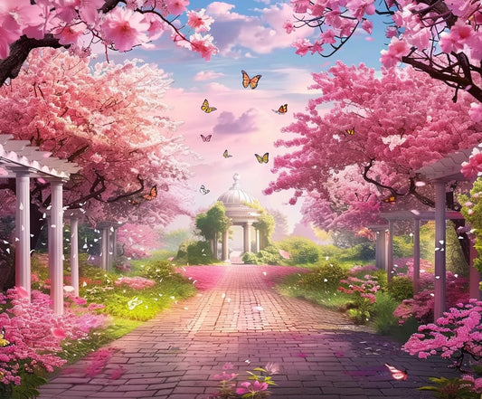 A pathway lined with pink blossoming trees and butterflies leads to a gazebo under a bright sky, creating an immersive picturesque setting, just like the Spring Garden Flowers Tree Path Backdrop by ideasbackdrop.