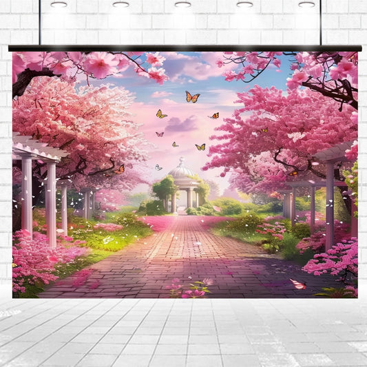 A paved pathway surrounded by blooming pink cherry blossom trees leads to a gazebo. Butterflies flutter through the floral enchantment, enhancing the scene with ideasbackdrop Spring Garden Flowers Tree Path Backdrop quality.
