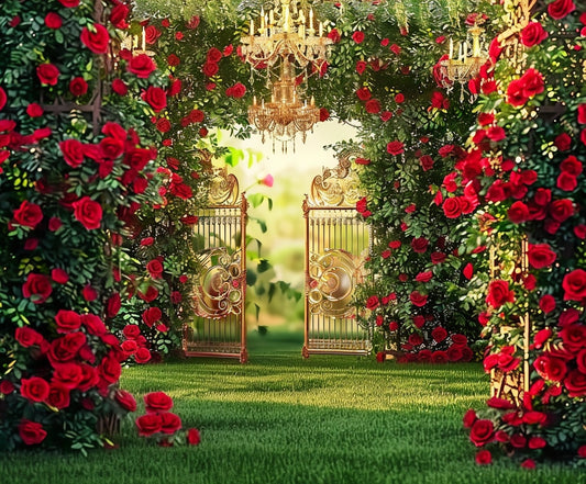 Elaborate golden gates surrounded by blooming red roses and greenery, with chandeliers hanging above and sunlight filtering through, creating a lush garden scene of natural elegance—perfect for the Spring Garden Red Rose Wedding Flower Backdrop by ideasbackdrop in photo captures.