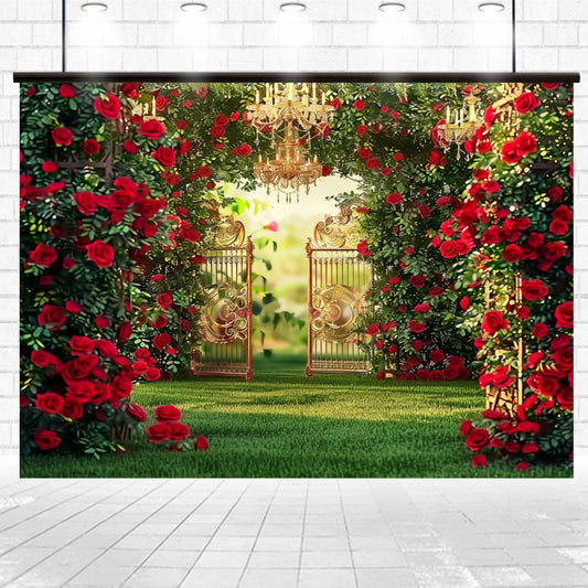 Ornate golden gates behind a lush garden adorned with cascading red roses and greenery. Crystal chandeliers hang above, under a high, light-filled ceiling, showcasing a natural elegance that complements the stunning high-definition Spring Garden Red Rose Wedding Flower Backdrop -ideasbackdrop by ideasbackdrop.