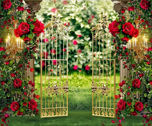 A golden, ornate gate surrounded by lush greenery and red roses stands open, revealing a sunlit, grassy area beyond. Perfect for photo shoots or weddings, two gold candelabras adorn the gate, offering a Spring Garden Wedding Rose Flower Backdrop -ideasbackdrop from ideasbackdrop.