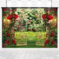 A decorative golden gate adorned with red roses opens to a lush, green garden. The area is framed by classical columns and more flowers, with a brick wall and tiled floor in the foreground—perfect for weddings or photo shoots against a Spring Garden Wedding Rose Flower Backdrop -ideasbackdrop by ideasbackdrop.