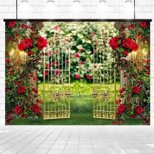 A decorative golden gate adorned with red roses opens to a lush, green garden. The area is framed by classical columns and more flowers, with a brick wall and tiled floor in the foreground—perfect for weddings or photo shoots against a Spring Garden Wedding Rose Flower Backdrop -ideasbackdrop by ideasbackdrop.