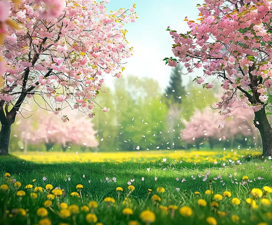 A scenic Spring Landscape Meadow Flower Backdrop -ideasbackdrop of a park with blooming pink and white cherry blossoms, surrounded by green grass dotted with yellow dandelions. Flower petals are gently falling amidst the trees, adding a vibrant floral touch.