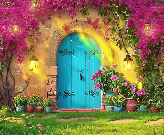 A vibrant, blue wooden door with intricate black metalwork is set in a rustic brick wall, surrounded by blooming pink flowers and hanging lanterns. This stunning scene creates the Spring Magic Door Fairy Tale Flower Backdrop -ideasbackdrop in a lush, green garden perfect for a floral-themed wedding.