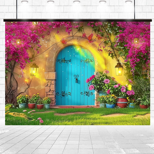 A bright blue arched door is set in a yellow wall adorned with pink flowering vines and hanging lanterns, creating a lifelike detail. Potted plants surround the entrance, all set within a grassy yard, evoking the charm of a Spring Magic Door Fairy Tale Flower Backdrop -ideasbackdrop by ideasbackdrop.