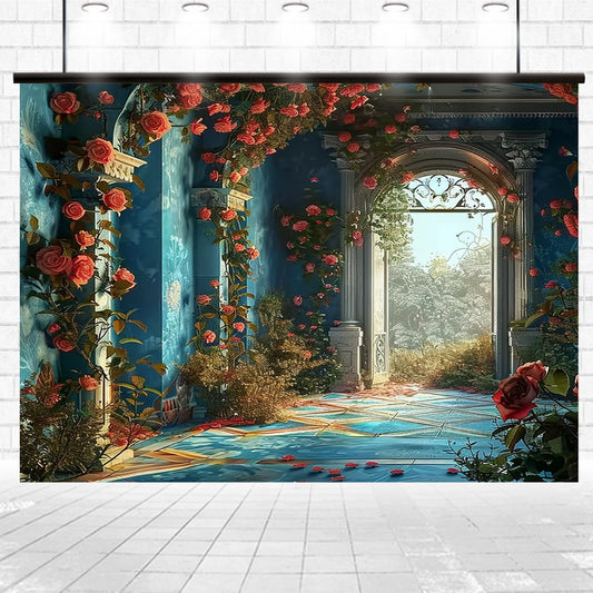 A vibrant, sunlit room with blue walls is decorated with high-definition flowers. An arched doorway leads to an outdoor garden. Sunlight streams in, casting patterns on the floor, enhancing the Spring Nature Scenic Rose Flower Background -ideasbackdrop of red roses crafted from premium materials by ideasbackdrop.